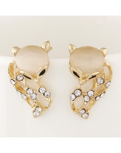 Rhinestone Embellished Cute Opal Fox Fashion Ear Studs - Beige