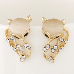 Rhinestone Embellished Cute Opal Fox Fashion Ear Studs - Beige