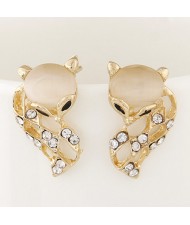 Rhinestone Embellished Cute Opal Fox Fashion Ear Studs - Beige