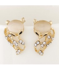 Rhinestone Embellished Cute Opal Fox Fashion Ear Studs - Beige