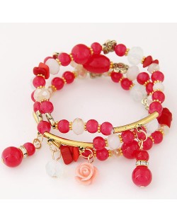 Young Lady Fashion Three Layers Assorted Beads with Rose Pendants Bracelet - Red