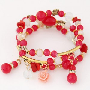 Young Lady Fashion Three Layers Assorted Beads with Rose Pendants Bracelet - Red