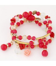 Young Lady Fashion Three Layers Assorted Beads with Rose Pendants Bracelet - Red