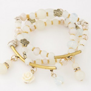 Young Lady Fashion Three Layers Assorted Beads with Rose Pendants Bracelet - White