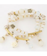 Young Lady Fashion Three Layers Assorted Beads with Rose Pendants Bracelet - White
