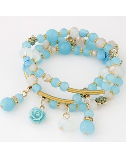 Young Lady Fashion Three Layers Assorted Beads with Rose Pendants Bracelet - Blue