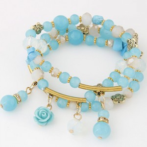 Young Lady Fashion Three Layers Assorted Beads with Rose Pendants Bracelet - Blue
