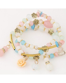 Young Lady Fashion Three Layers Assorted Beads with Rose Pendants Bracelet - Multicolor