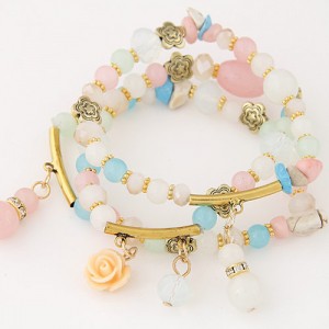 Young Lady Fashion Three Layers Assorted Beads with Rose Pendants Bracelet - Multicolor