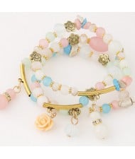 Young Lady Fashion Three Layers Assorted Beads with Rose Pendants Bracelet - Multicolor