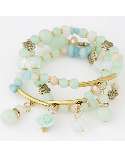 Young Lady Fashion Three Layers Assorted Beads with Rose Pendants Bracelet - Green