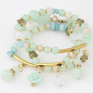 Young Lady Fashion Three Layers Assorted Beads with Rose Pendants Bracelet - Green