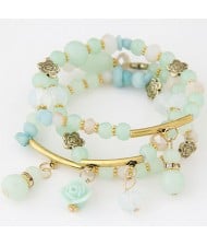 Young Lady Fashion Three Layers Assorted Beads with Rose Pendants Bracelet - Green