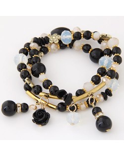 Young Lady Fashion Three Layers Assorted Beads with Rose Pendants Bracelet - Black