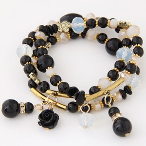 Young Lady Fashion Three Layers Assorted Beads with Rose Pendants Bracelet - Black