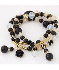 Young Lady Fashion Three Layers Assorted Beads with Rose Pendants Bracelet - Black