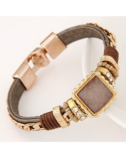 Square Gem Embedded Beads and Threads Decorated Leather Texture Fashion Bracelet - Brown