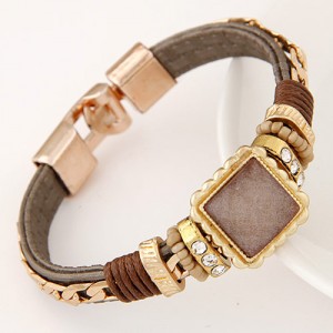 Square Gem Embedded Beads and Threads Decorated Leather Texture Fashion Bracelet - Brown