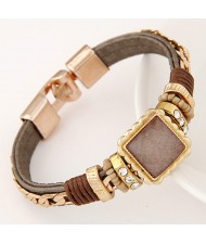 Square Gem Embedded Beads and Threads Decorated Leather Texture Fashion Bracelet - Brown