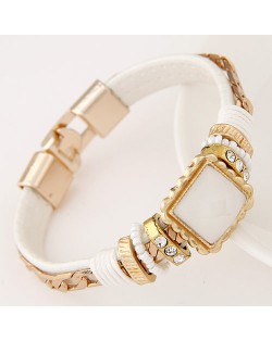 Square Gem Embedded Beads and Threads Decorated Leather Texture Fashion Bracelet - White