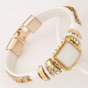 Square Gem Embedded Beads and Threads Decorated Leather Texture Fashion Bracelet - White