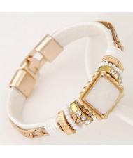 Square Gem Embedded Beads and Threads Decorated Leather Texture Fashion Bracelet - White