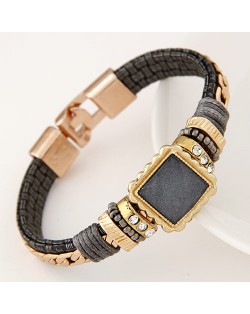 Square Gem Embedded Beads and Threads Decorated Leather Texture Fashion Bracelet - Black