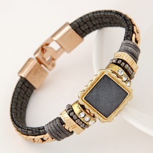 Square Gem Embedded Beads and Threads Decorated Leather Texture Fashion Bracelet - Black