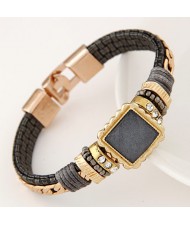 Square Gem Embedded Beads and Threads Decorated Leather Texture Fashion Bracelet - Black