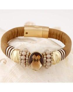 Oval-shaped Gem Inlaid with Beads Decorated Design Leather Texture Fashion Bracelet - Brown