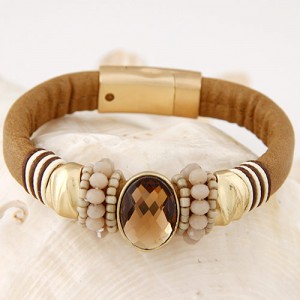 Oval-shaped Gem Inlaid with Beads Decorated Design Leather Texture Fashion Bracelet - Brown