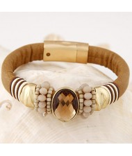 Oval-shaped Gem Inlaid with Beads Decorated Design Leather Texture Fashion Bracelet - Brown
