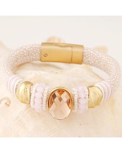 Oval-shaped Gem Inlaid with Beads Decorated Design Leather Texture Fashion Bracelet - Pink