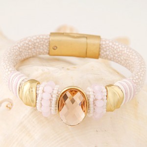 Oval-shaped Gem Inlaid with Beads Decorated Design Leather Texture Fashion Bracelet - Pink