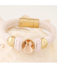 Oval-shaped Gem Inlaid with Beads Decorated Design Leather Texture Fashion Bracelet - Pink