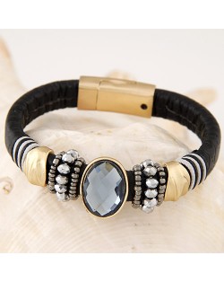 Oval-shaped Gem Inlaid with Beads Decorated Design Leather Texture Fashion Bracelet - Black