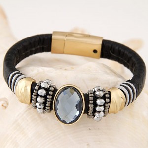 Oval-shaped Gem Inlaid with Beads Decorated Design Leather Texture Fashion Bracelet - Black