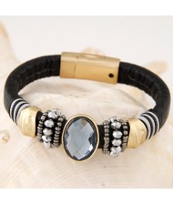 Oval-shaped Gem Inlaid with Beads Decorated Design Leather Texture Fashion Bracelet - Black