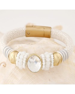 Oval-shaped Gem Inlaid with Beads Decorated Design Leather Texture Fashion Bracelet - White