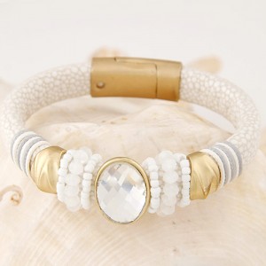 Oval-shaped Gem Inlaid with Beads Decorated Design Leather Texture Fashion Bracelet - White