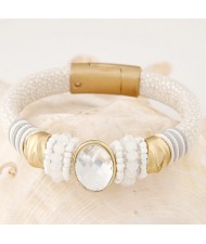 Oval-shaped Gem Inlaid with Beads Decorated Design Leather Texture Fashion Bracelet - White