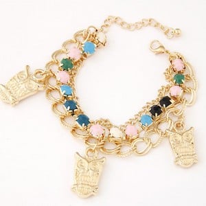 Three-layer Chain Design with Golden Owls Pendant Fashion Bracelet