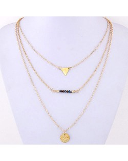 Wishbone Triangle and Round Plate Pendants Triple Tier Fashion Necklace