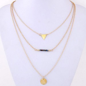 Wishbone Triangle and Round Plate Pendants Triple Tier Fashion Necklace