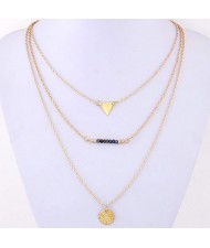 Wishbone Triangle and Round Plate Pendants Triple Tier Fashion Necklace