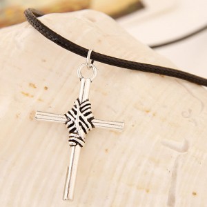 Vintage Alloy Cross Pendant Wax Rope Fashion Necklace
