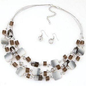 Bohemian Seashell and Crystal Mixed Fashion Multiple Layers Necklace and Earrings Set - Gray