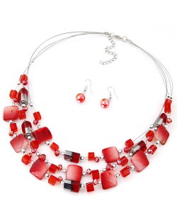 Bohemian Seashell and Crystal Mixed Fashion Multiple Layers Necklace and Earrings Set - Red