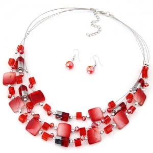 Bohemian Seashell and Crystal Mixed Fashion Multiple Layers Necklace and Earrings Set - Red