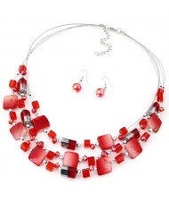 Bohemian Seashell and Crystal Mixed Fashion Multiple Layers Necklace and Earrings Set - Red